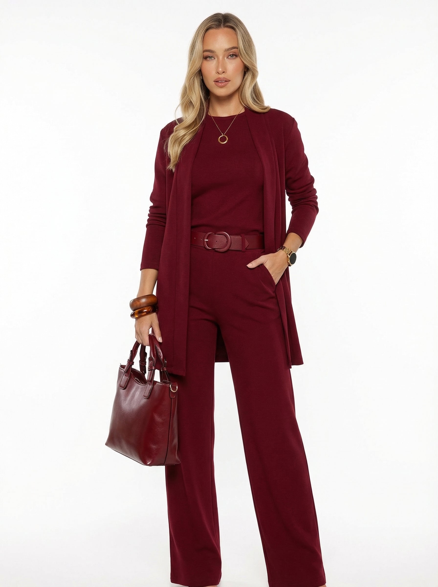 Conjunto Elena -  cárdigan largo, top y pantalón.